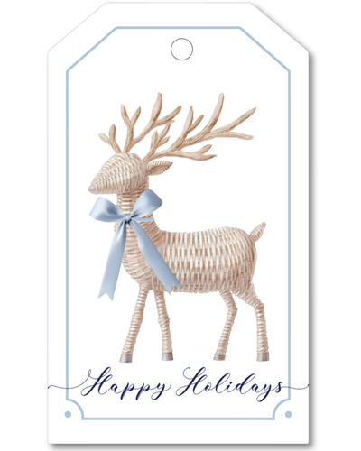 Gift tag with a wicker deer decoration and 'Happy Holidays' text on a white background