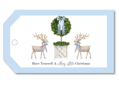 Decorative gift tag with reindeer and topiary design, featuring text 'Have Yourself A Merry Little Christmas'.