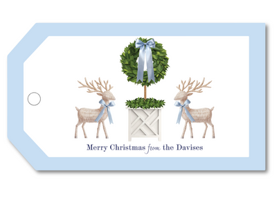 Christmas gift tag with reindeer and topiary design, featuring 'Merry Christmas from the Davises' text.