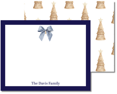 Note card with a blue ribbon design and 'The Davis Family' text, surrounded by Christmas tree patterns.