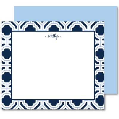 Note card with blue and white geometric border and 'emily' text on a light blue background