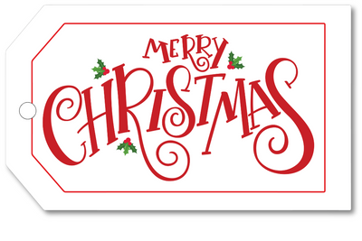 Merry Christmas tag with red text on a white background