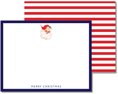 Note card with Santa Claus illustration and red and white striped border on a white background