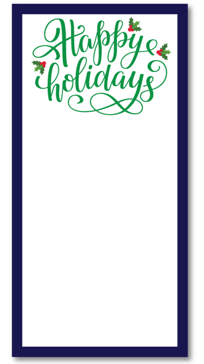 Notepad with 'Happy Holidays' text and holly leaves on a white background