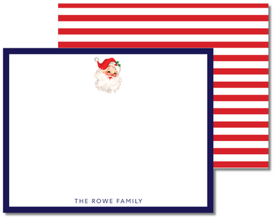 Note card with Santa Claus illustration and red and white striped border on a white background