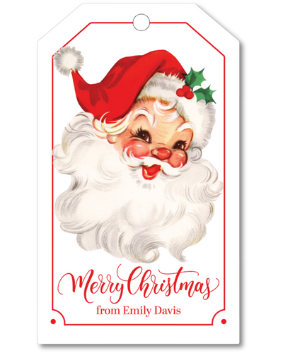 Vintage-style Santa Claus tag with 'Merry Christmas from Emily Davis' text on a white background