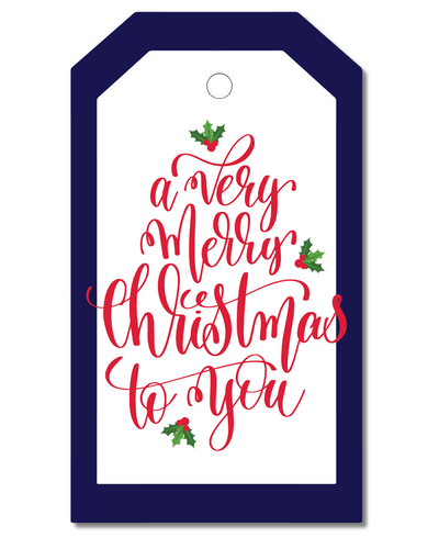 Christmas gift tag with red text on a white background