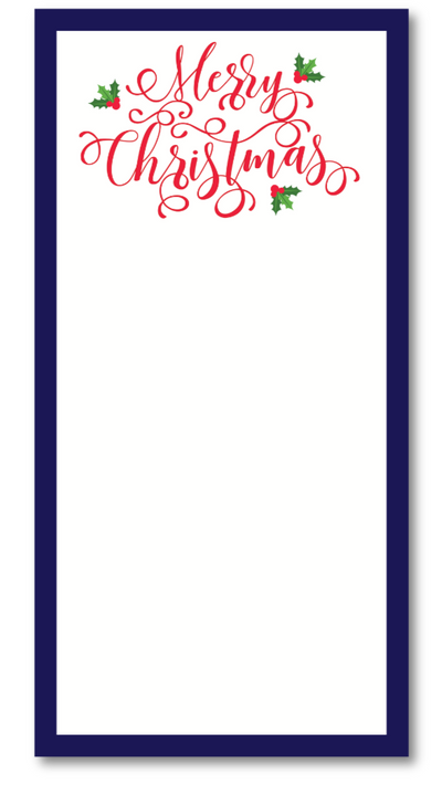 Notepad with 'Merry Christmas' text and holly leaves on a white background