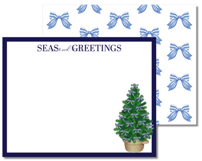 Christmas card with a small tree and blue bows on a white background
