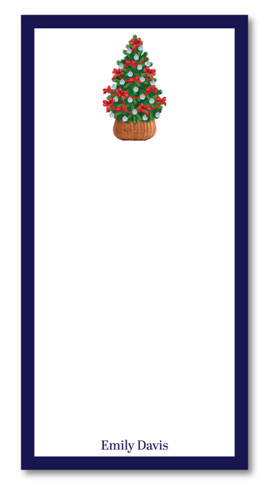 Notepad with a Christmas tree design and a blue border on a white background