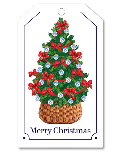 Christmas gift tag with a decorated Christmas tree, red bows, and 'Merry Christmas' text on a white background.