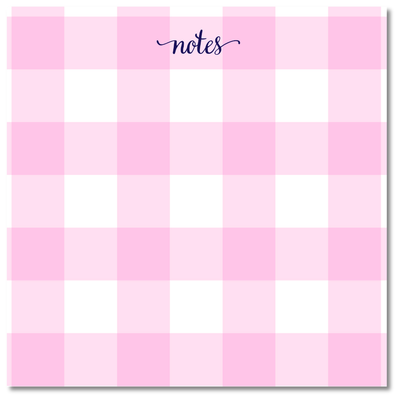 Notepad with pink and white checkered pattern and 'notes' text