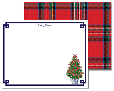 Note card with Christmas tree design and plaid border