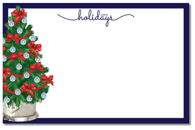 Holiday card with Christmas tree and 'Happy Holidays' text on a white background