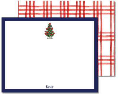 Note card with Christmas tree design and red plaid border