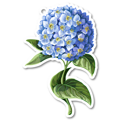 Blue hydrangea flower gift tag with green leaves on a white background