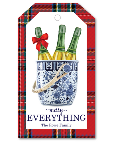 Decorative gift tag with wine bottles, a bucket, and plaid border.