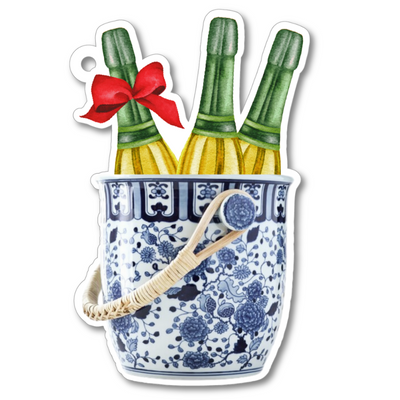 Preppy gift tag of three bottles with a red bow in a chinoiserie bucket on a white background