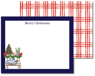 Christmas card with a decorative border and 'Merry Christmas' text, featuring a plaid pattern in the background.