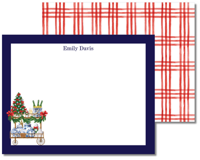 Personalized Christmas card with a blue border and festive design on a white background