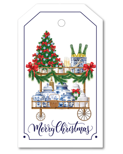 Gift tag with Christmas-themed bar cart illustration and 'Merry Christmas' text.