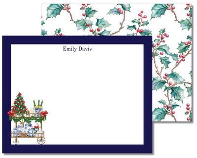 Note card with Christmas design and personalized name on a white background