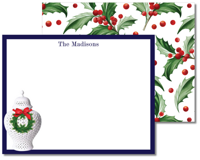 Holiday-themed stationery set with holly design and decorative urn.