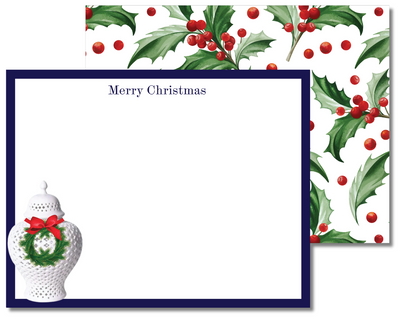 Christmas card with holly design and decorative vase on a white background