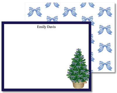 Note card with a Christmas tree design and blue ribbons, featuring the name Emily Davis.