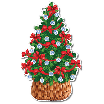 Decorative Christmas tree with red bows and blue ornaments on a white background