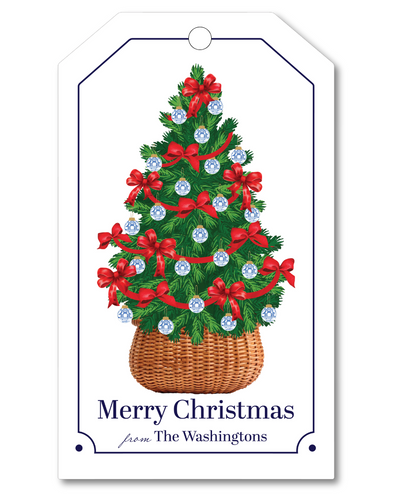 Christmas tree gift tag with red ribbons and blue ornaments, personalized with 'Merry Christmas from The Washingtons'.