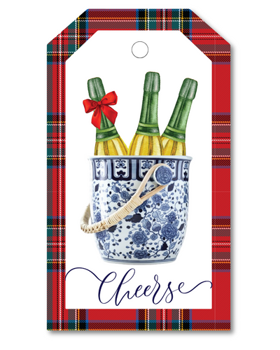 Decorative gift tag with wine bottles, a bucket, and plaid border.